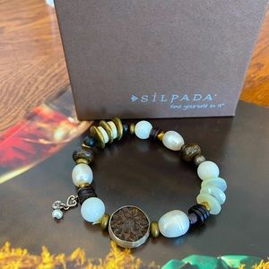 Silpada Pearl , Mabolo Wood , Brass Sterling Silver stretch bracelet